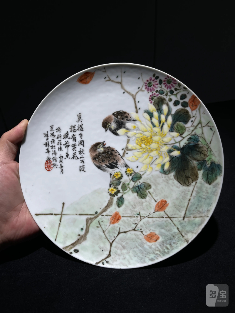 民国 张松涛画粉彩花鸟纹盘 - 图2